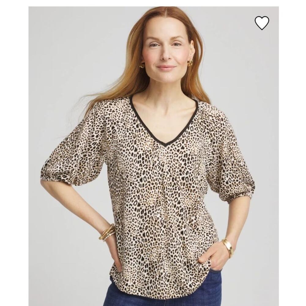 Chico's 100% Linen Leopard Short Sleeve Shirt Womens Size 2 Large Braided Trim